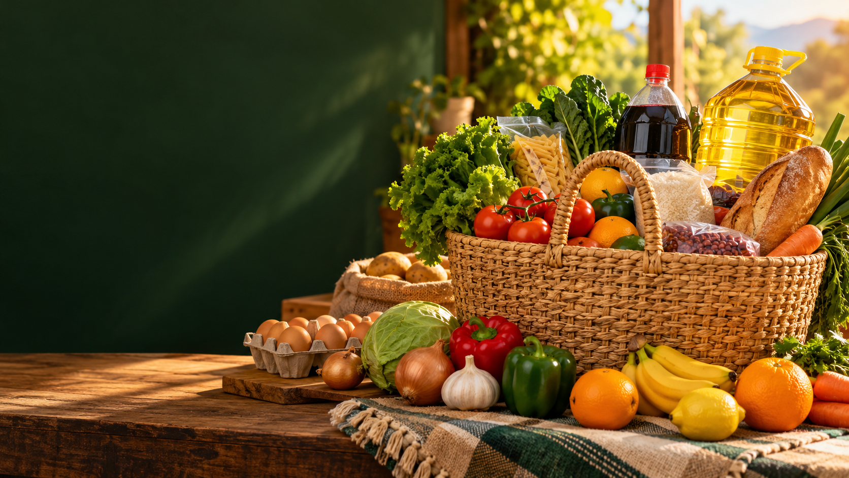 A generous basket of fresh produce and pantry essentials
